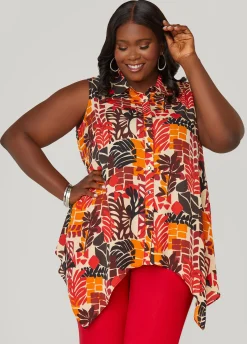 Discount Ashley Stewart Leaf Print Handkerchief Shirt Multi