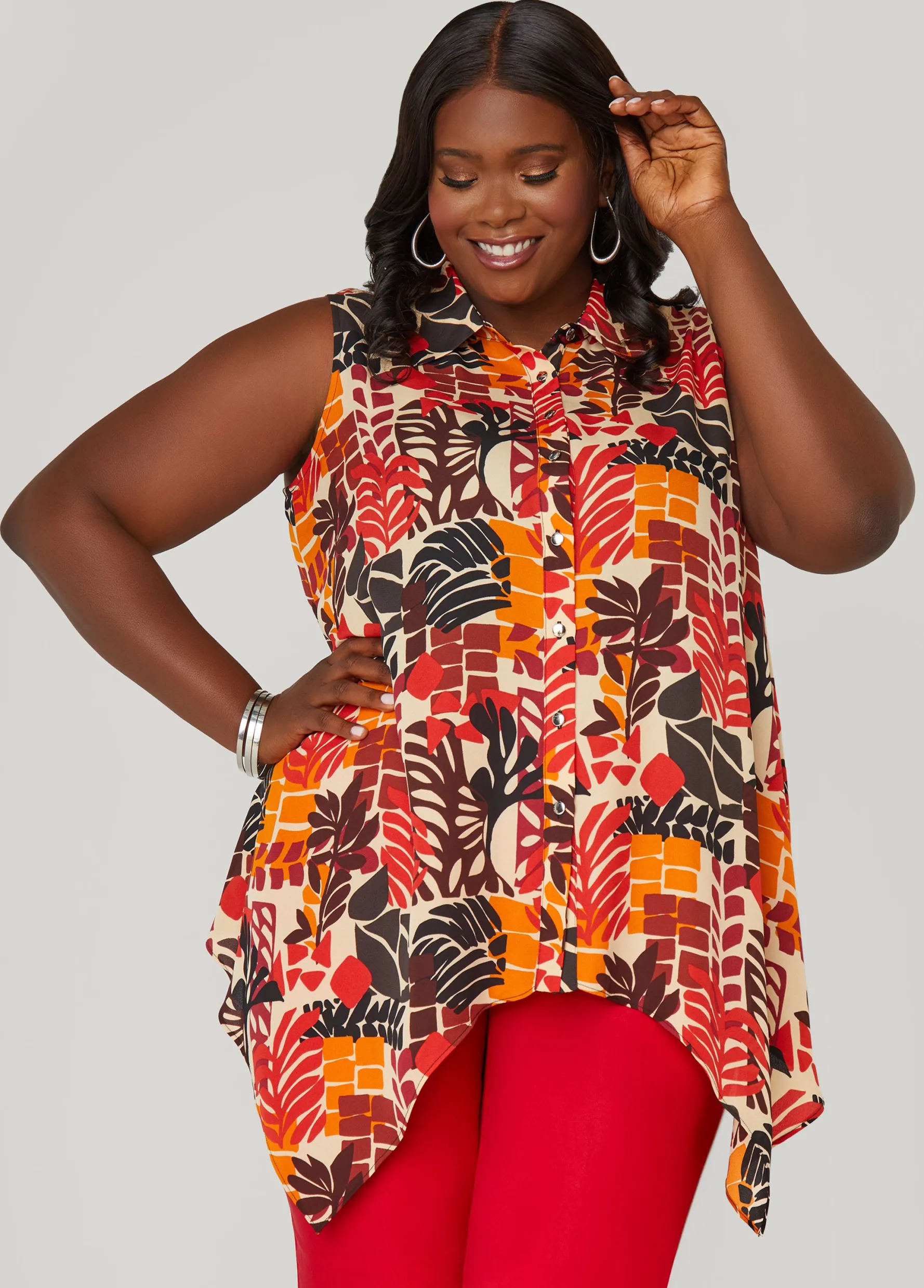 Discount Ashley Stewart Leaf Print Handkerchief Shirt Multi