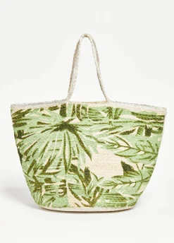 Outlet Ashley Stewart Leaf Print Straw Tote Natural