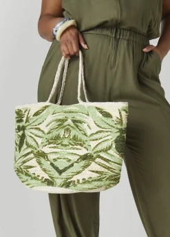 Outlet Ashley Stewart Leaf Print Straw Tote Natural