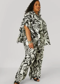 Best Ashley Stewart Leaf Print Wide Leg Pants Black White