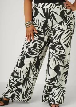 Best Ashley Stewart Leaf Print Wide Leg Pants Black White