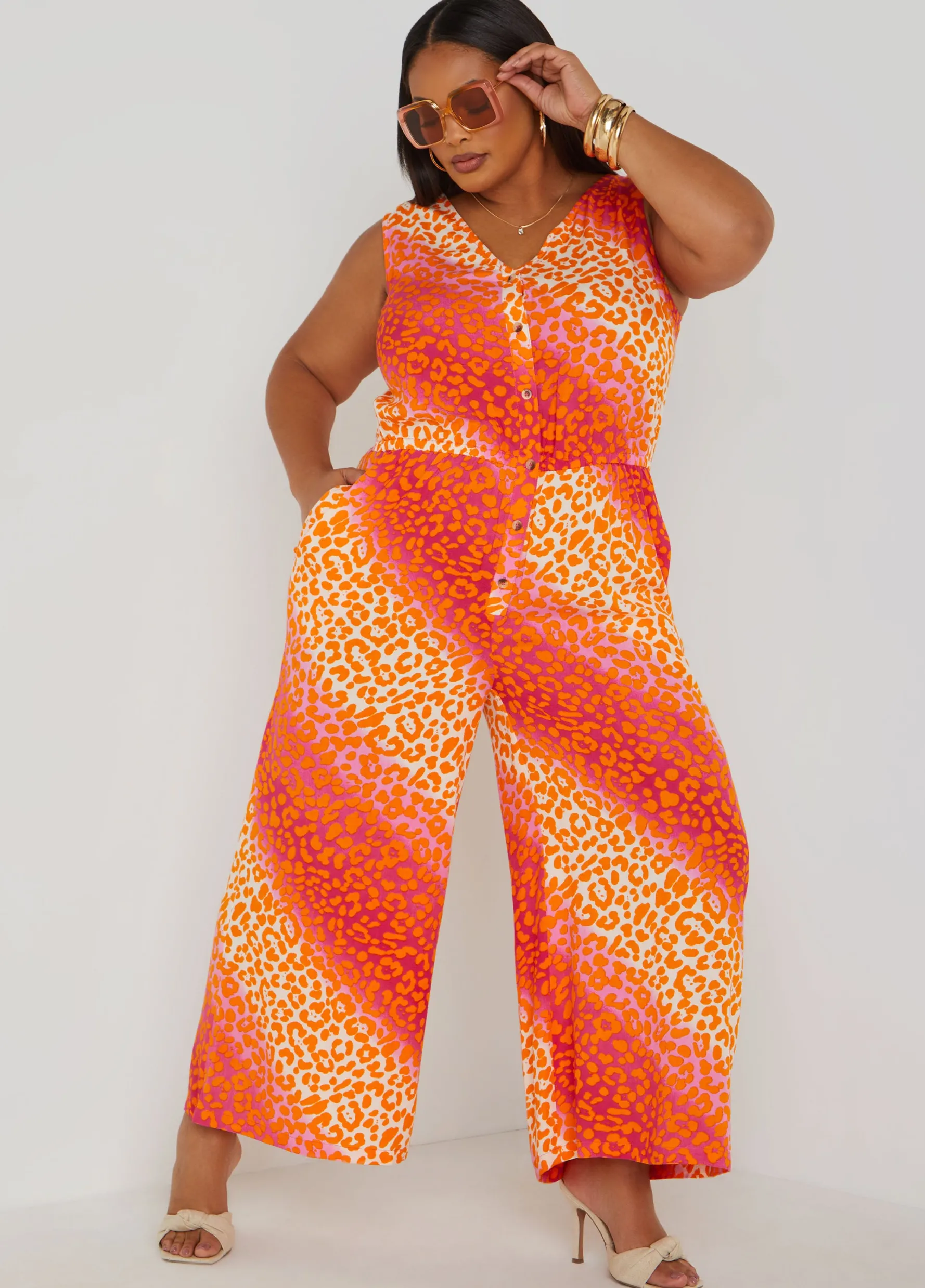 Clearance Ashley Stewart Leopard Print Wide Leg Jumpsuit Multi