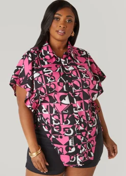 Hot Ashley Stewart Letter Print Open Sides Shirt Fuchsia