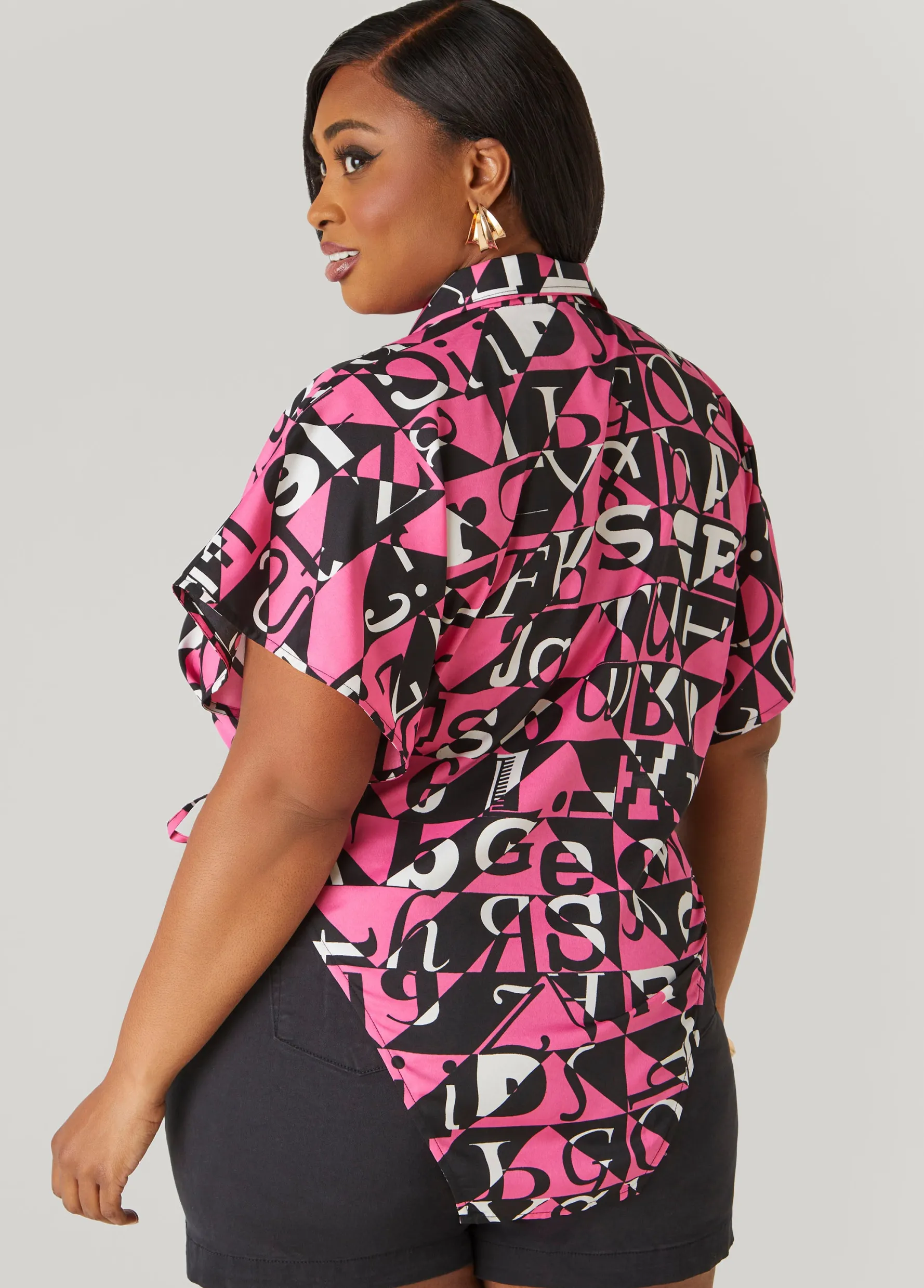 Hot Ashley Stewart Letter Print Open Sides Shirt Fuchsia