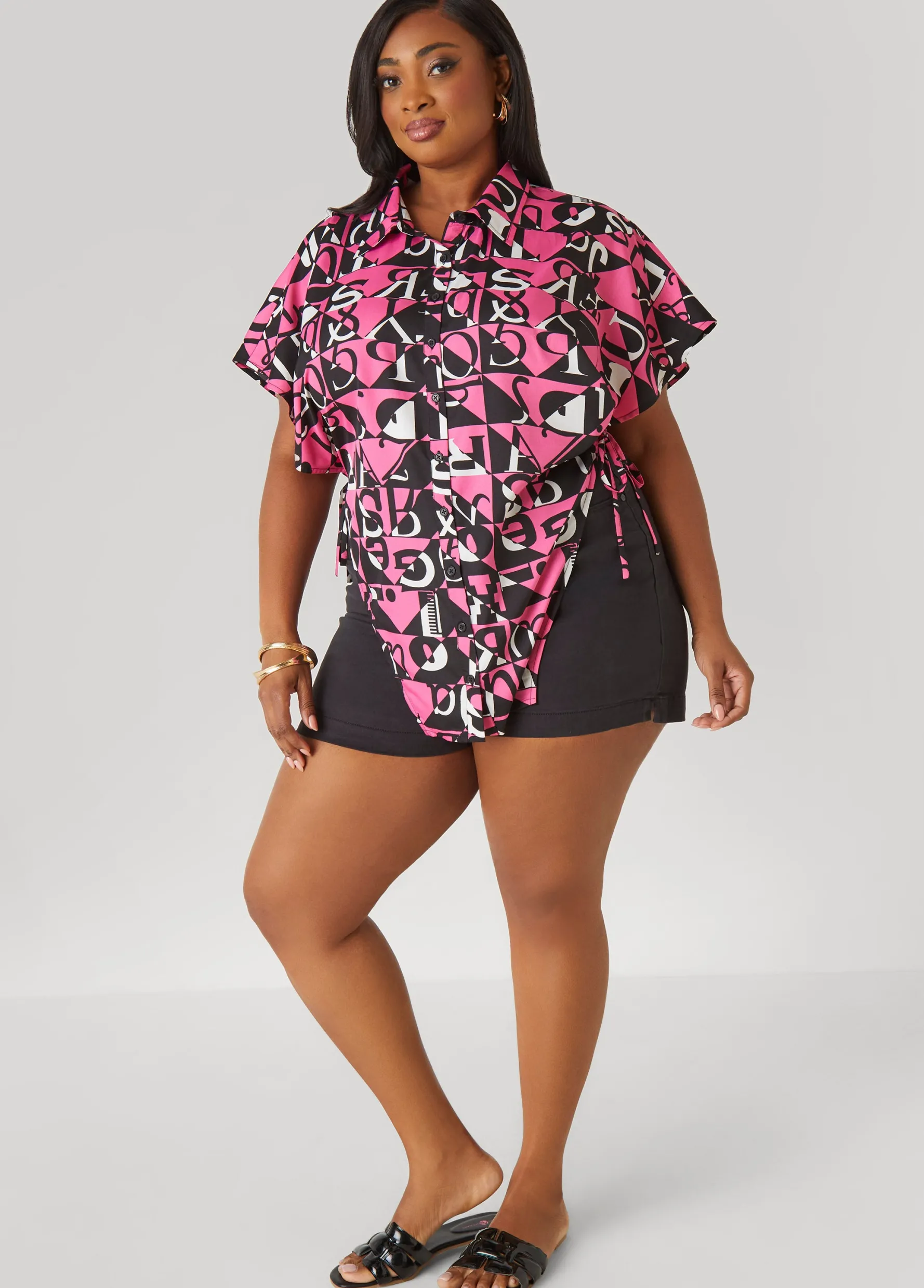 Hot Ashley Stewart Letter Print Open Sides Shirt Fuchsia