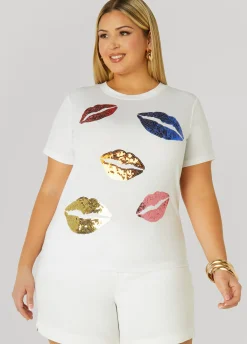 Discount Ashley Stewart Lips Sequin Applique Tee White