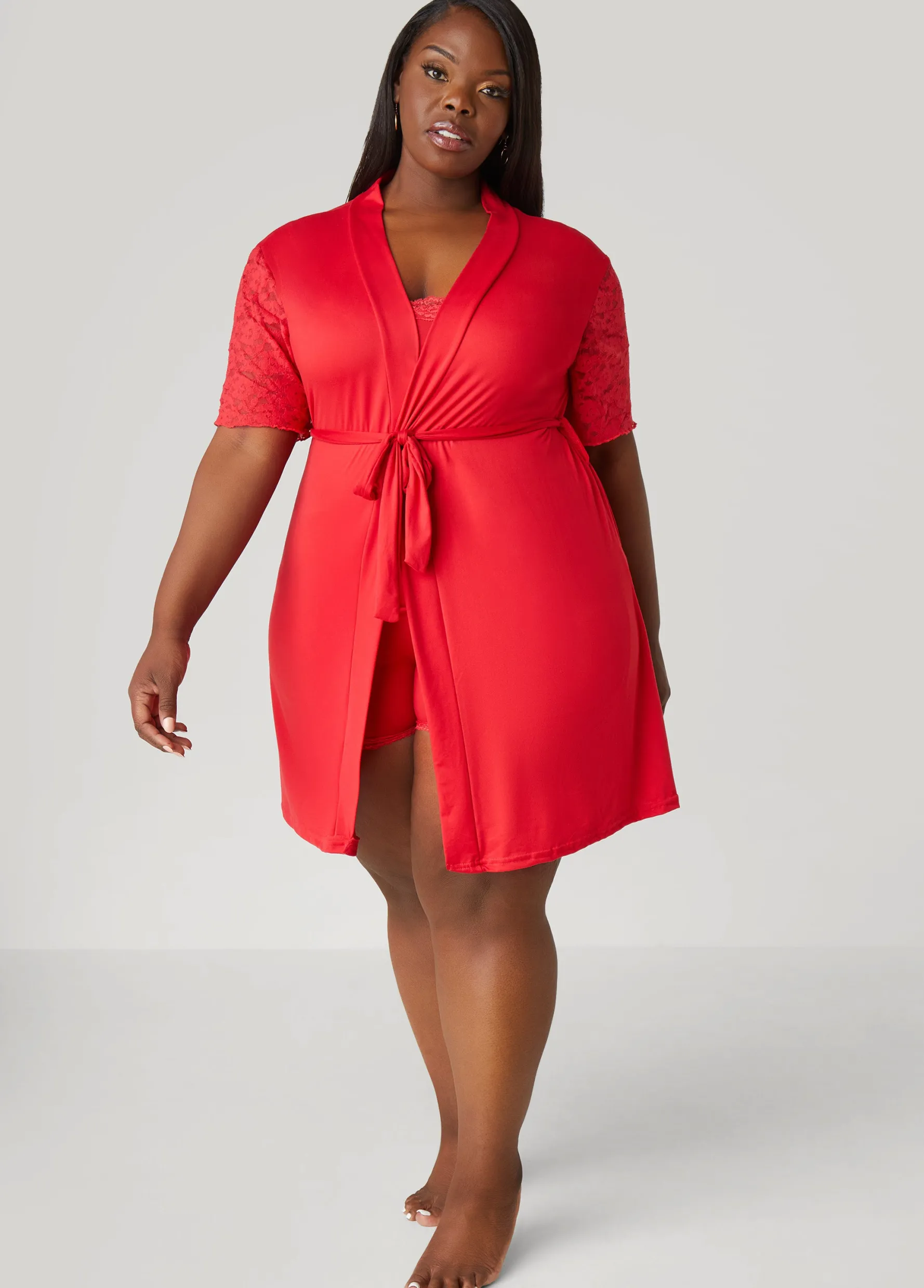 Hot Ashley Stewart Love To Sleep Lace Trimmed 3 Pc Set Red