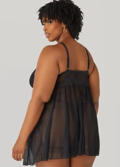 Sale Ashley Stewart Mesh And Lace Babydoll Set Black