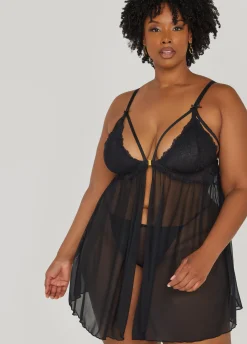 Sale Ashley Stewart Mesh And Lace Babydoll Set Black
