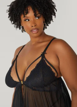 Sale Ashley Stewart Mesh And Lace Babydoll Set Black
