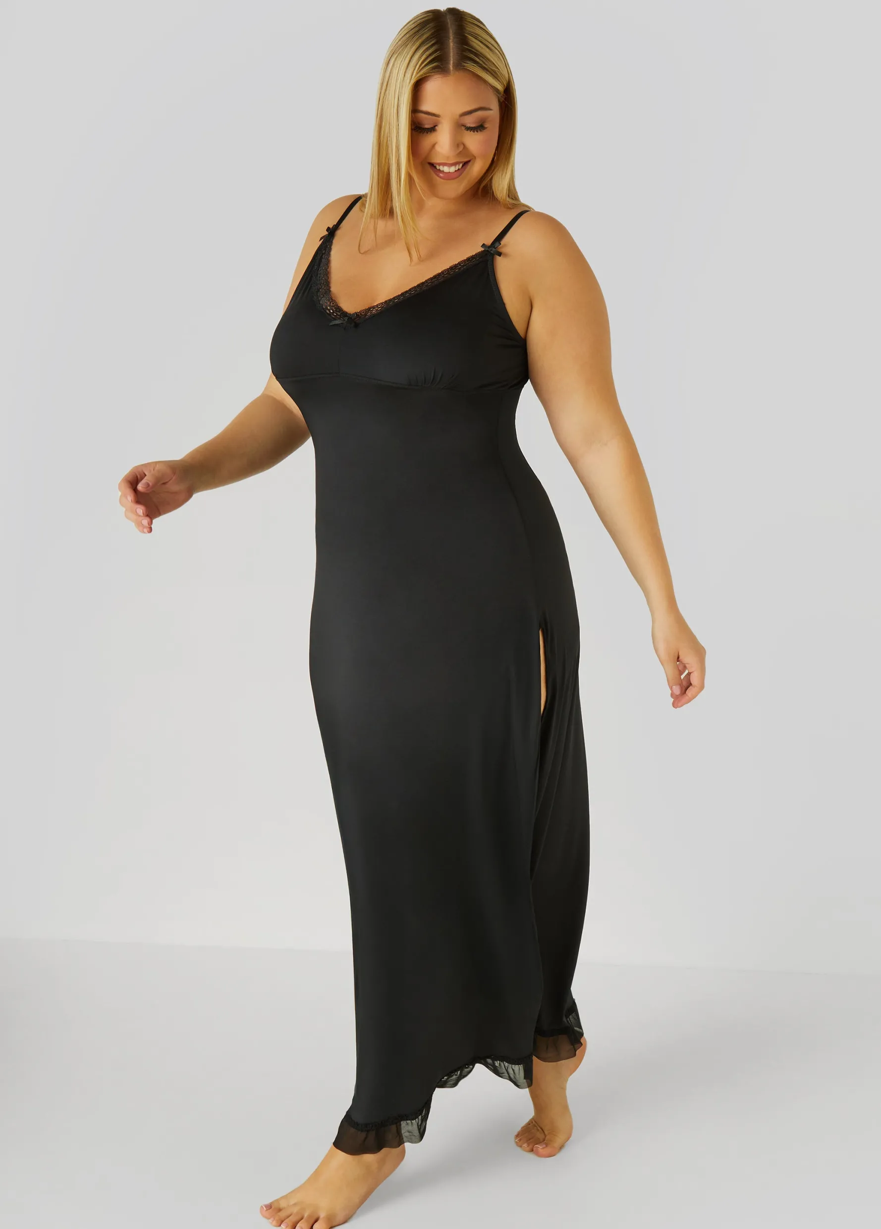 Hot Ashley Stewart Mesh And Lace Trimmed Nightgown Black