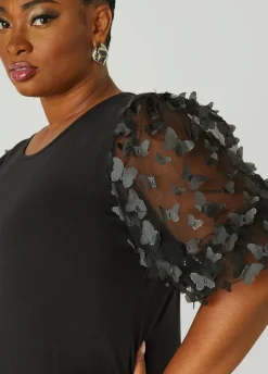 Hot Ashley Stewart Mesh Paneled Butterfly Tee Black