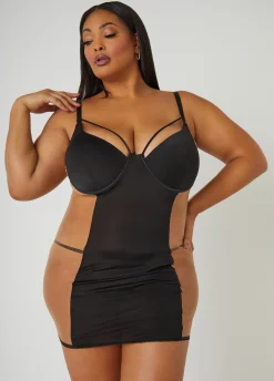 Outlet Ashley Stewart Mesh Paneled Cutout Chemise Set Black