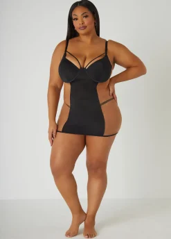 Outlet Ashley Stewart Mesh Paneled Cutout Chemise Set Black