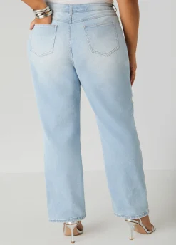 Sale Ashley Stewart Mesh Paneled Distressed Jeans Lt Sky Blue