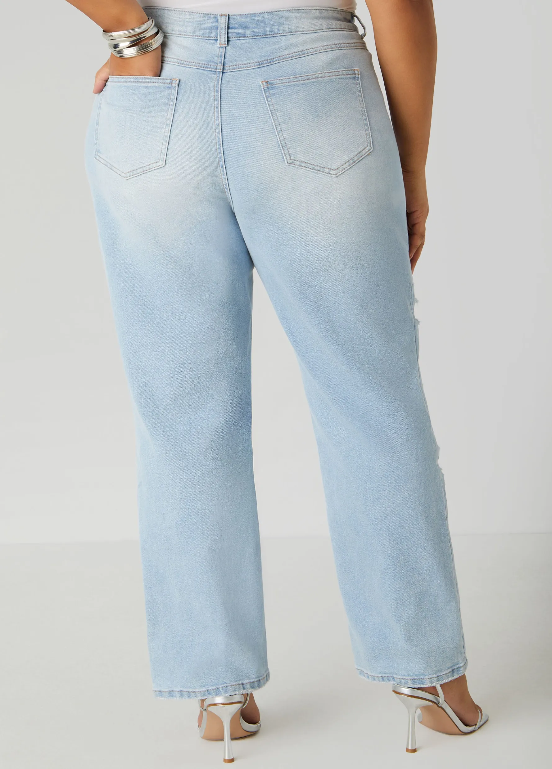 Sale Ashley Stewart Mesh Paneled Distressed Jeans Lt Sky Blue