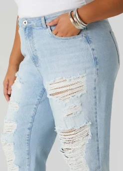 Sale Ashley Stewart Mesh Paneled Distressed Jeans Lt Sky Blue