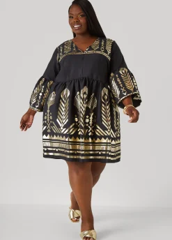 Clearance Ashley Stewart Metallic Print Babydoll Dress Black
