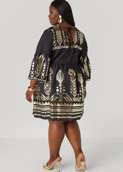 Clearance Ashley Stewart Metallic Print Babydoll Dress Black