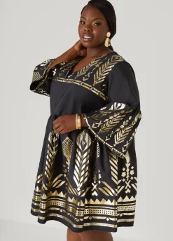 Clearance Ashley Stewart Metallic Print Babydoll Dress Black
