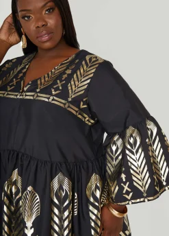 Clearance Ashley Stewart Metallic Print Babydoll Dress Black