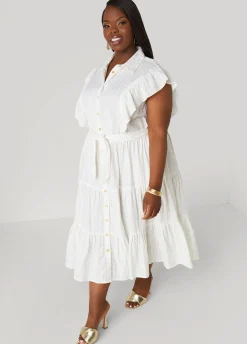 New Ashley Stewart Metallic Print Cotton Midaxi Dress White