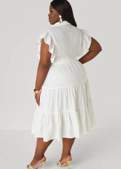 New Ashley Stewart Metallic Print Cotton Midaxi Dress White
