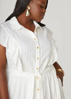 New Ashley Stewart Metallic Print Cotton Midaxi Dress White