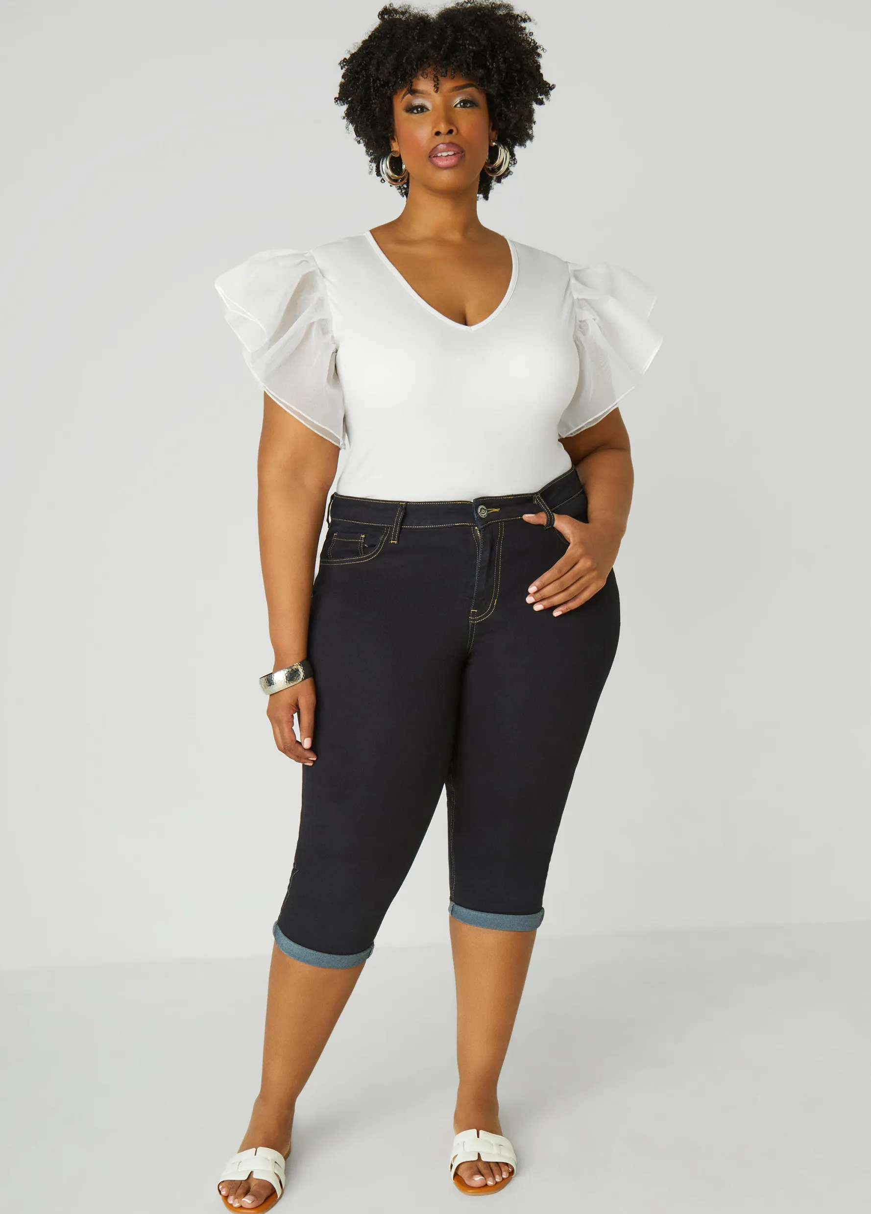 Hot Ashley Stewart Mid Rise Cuffed Denim Capris Black