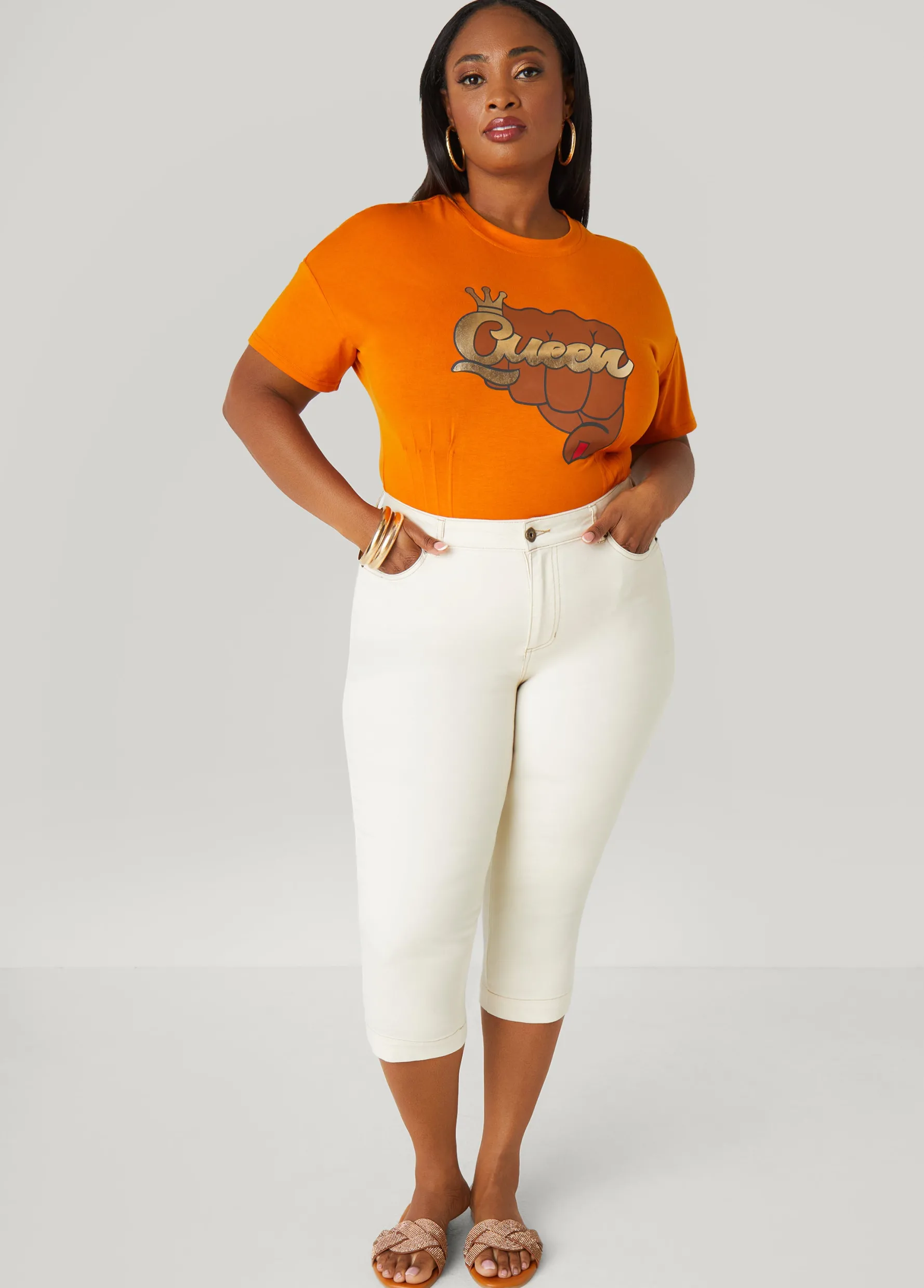 Fashion Ashley Stewart Mid Rise Denim Capris Egret