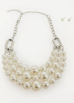 Best Ashley Stewart Multi Strand Faux Pearl Necklace Set Silver
