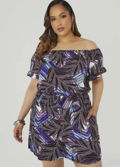 Discount Ashley Stewart Off The Shoulder Geo Print Romper Black Combo