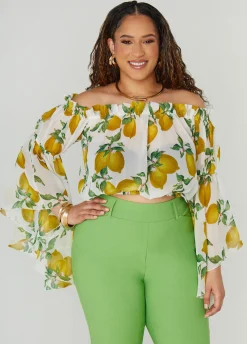 Discount Ashley Stewart Off The Shoulder Lemon Print Top White
