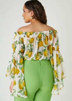 Discount Ashley Stewart Off The Shoulder Lemon Print Top White