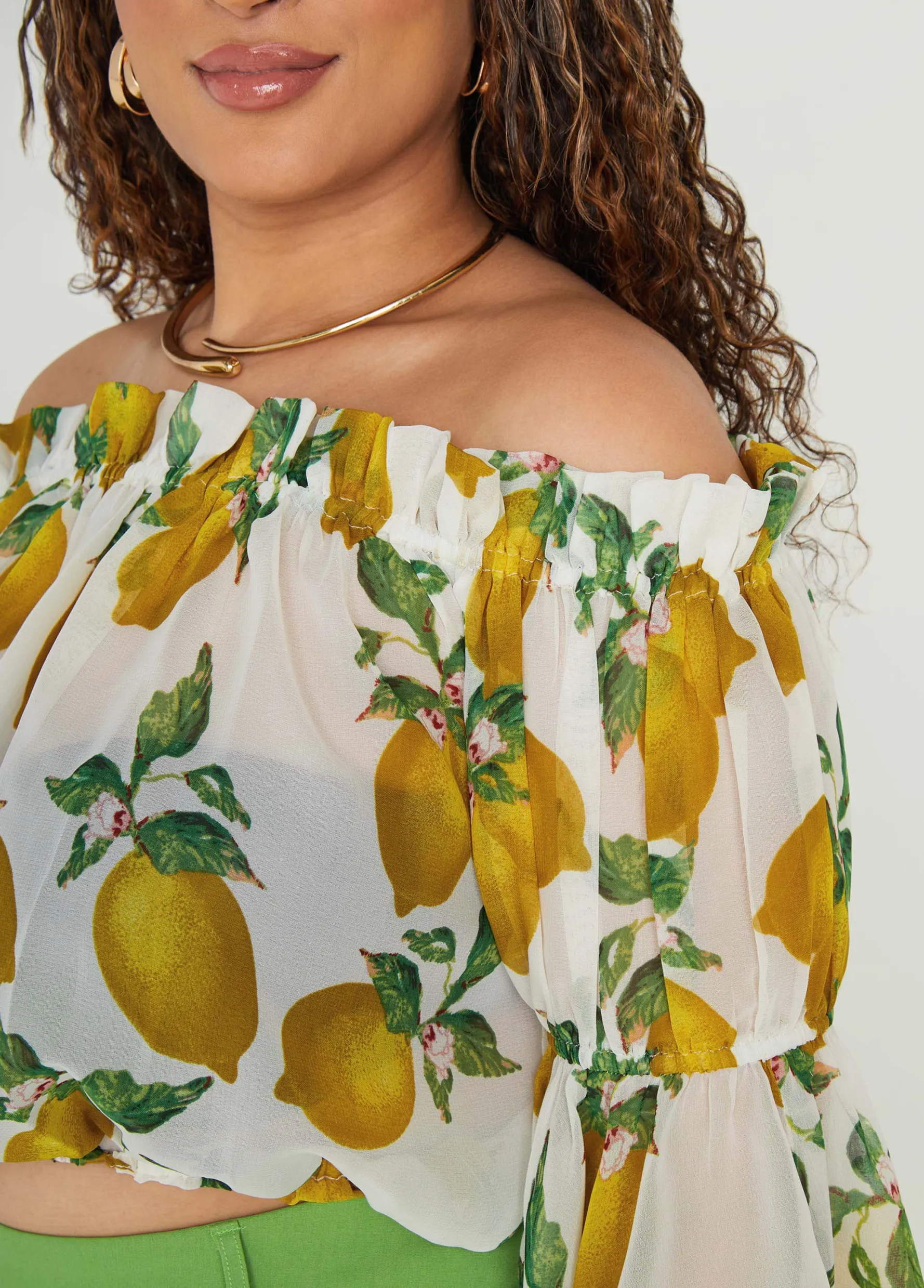 Discount Ashley Stewart Off The Shoulder Lemon Print Top White