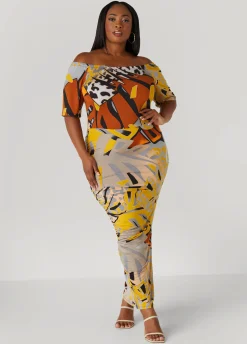 Sale Ashley Stewart Off The Shoulder Printed Maxi Dress Caramel Cafe