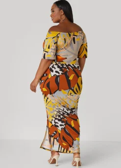 Sale Ashley Stewart Off The Shoulder Printed Maxi Dress Caramel Cafe