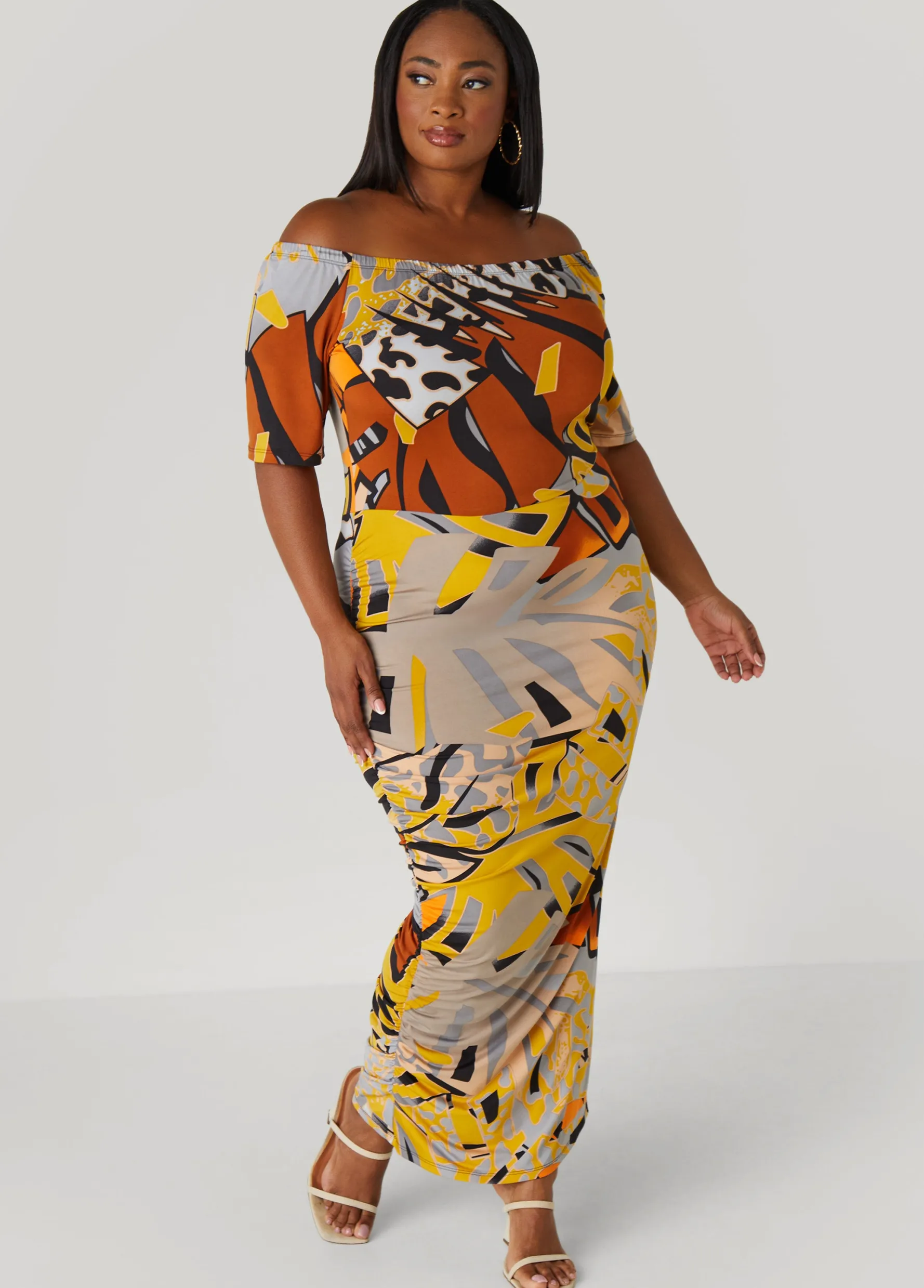 Sale Ashley Stewart Off The Shoulder Printed Maxi Dress Caramel Cafe