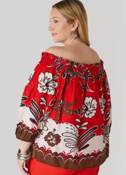 Online Ashley Stewart Off The Shoulder Scarf Print Top Aura Orange