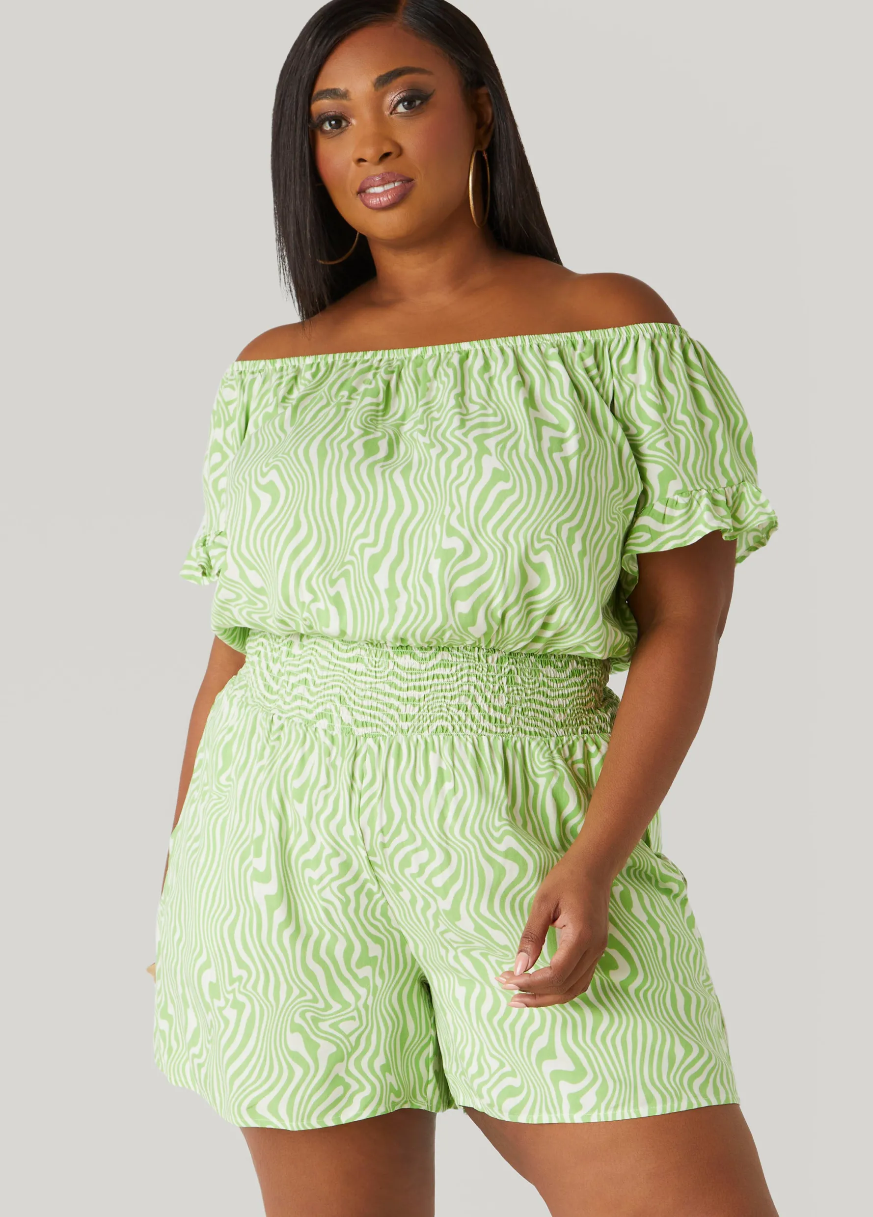 Clearance Ashley Stewart Off The Shoulder Swirl Romper MOSS