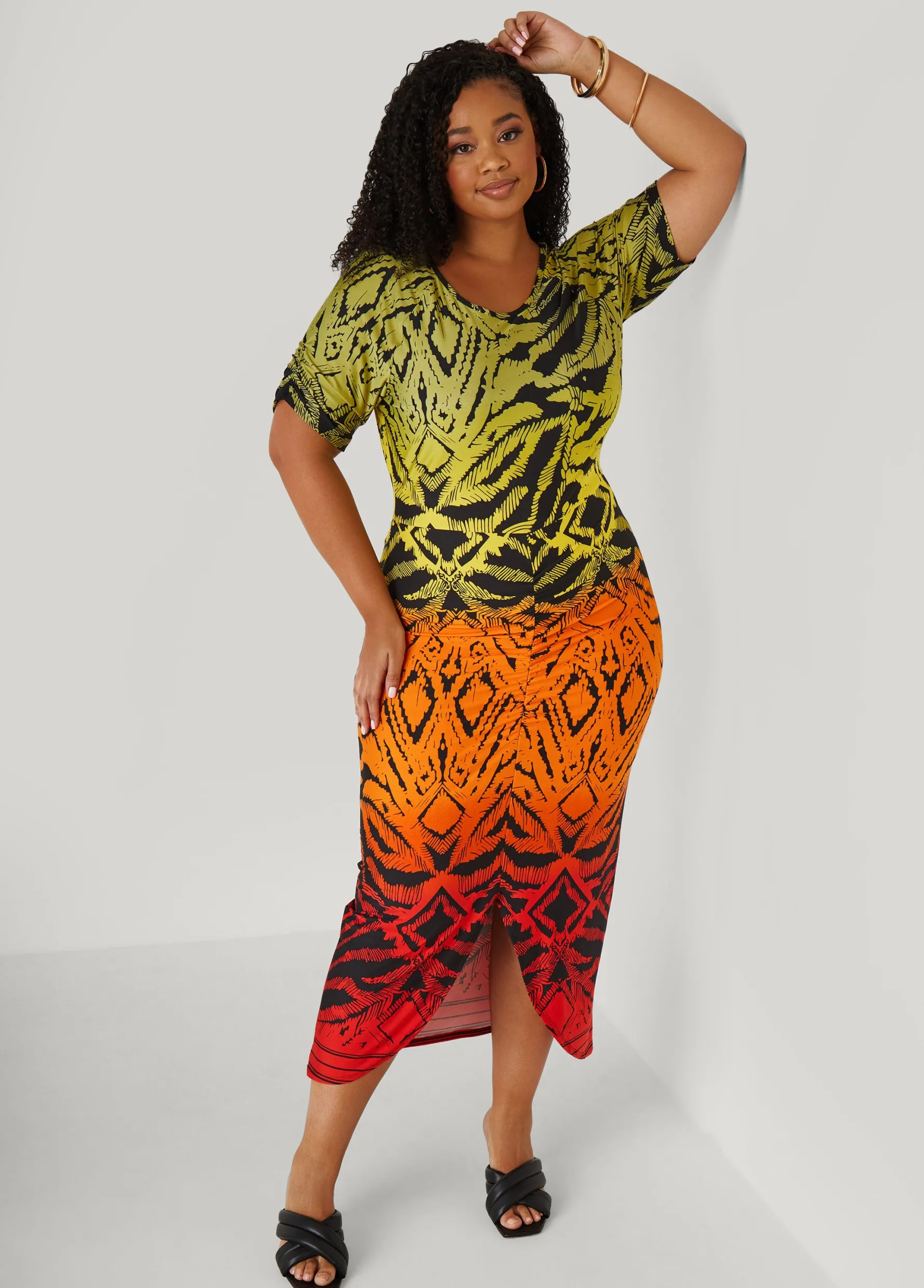 Clearance Ashley Stewart Ombre Printed Ruched Dress Multi