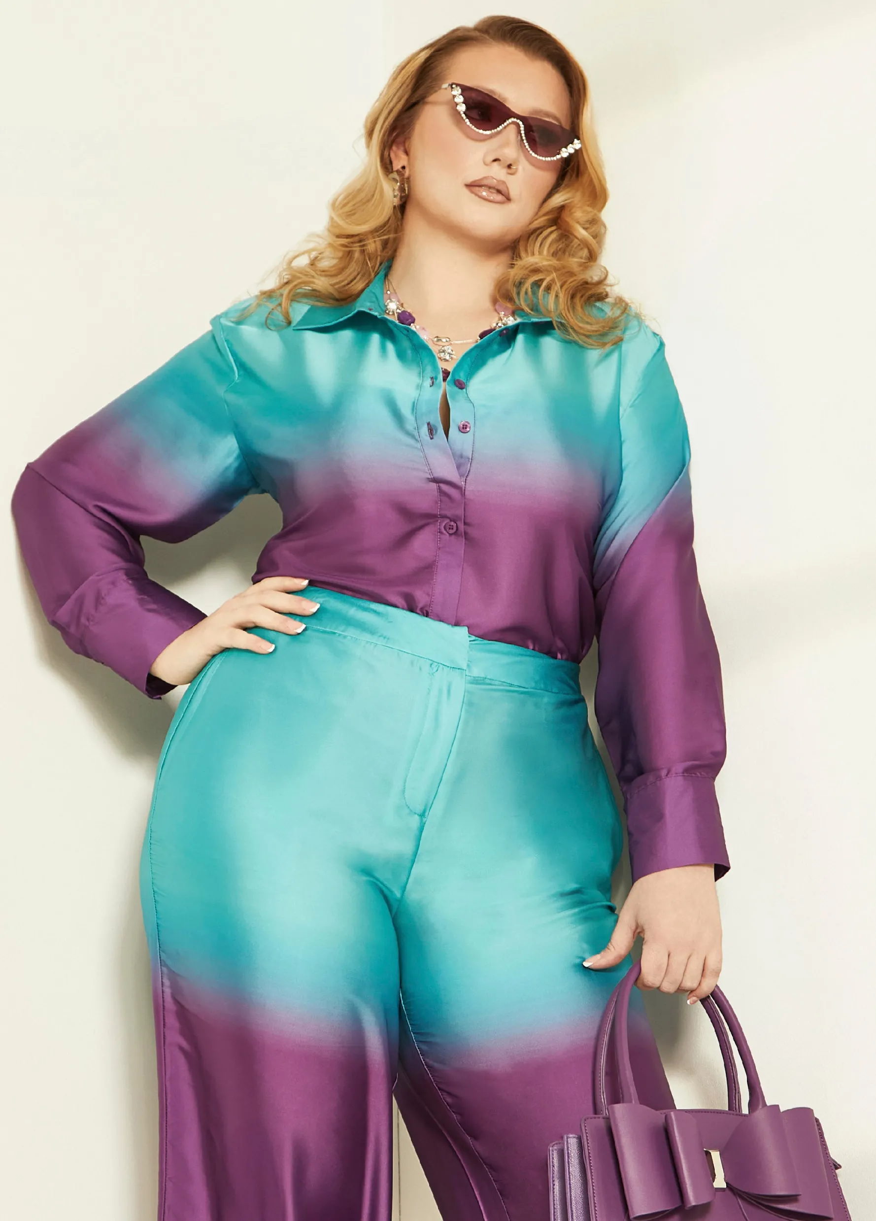 Fashion Ashley Stewart Ombre Satin Shirt Purple Magic
