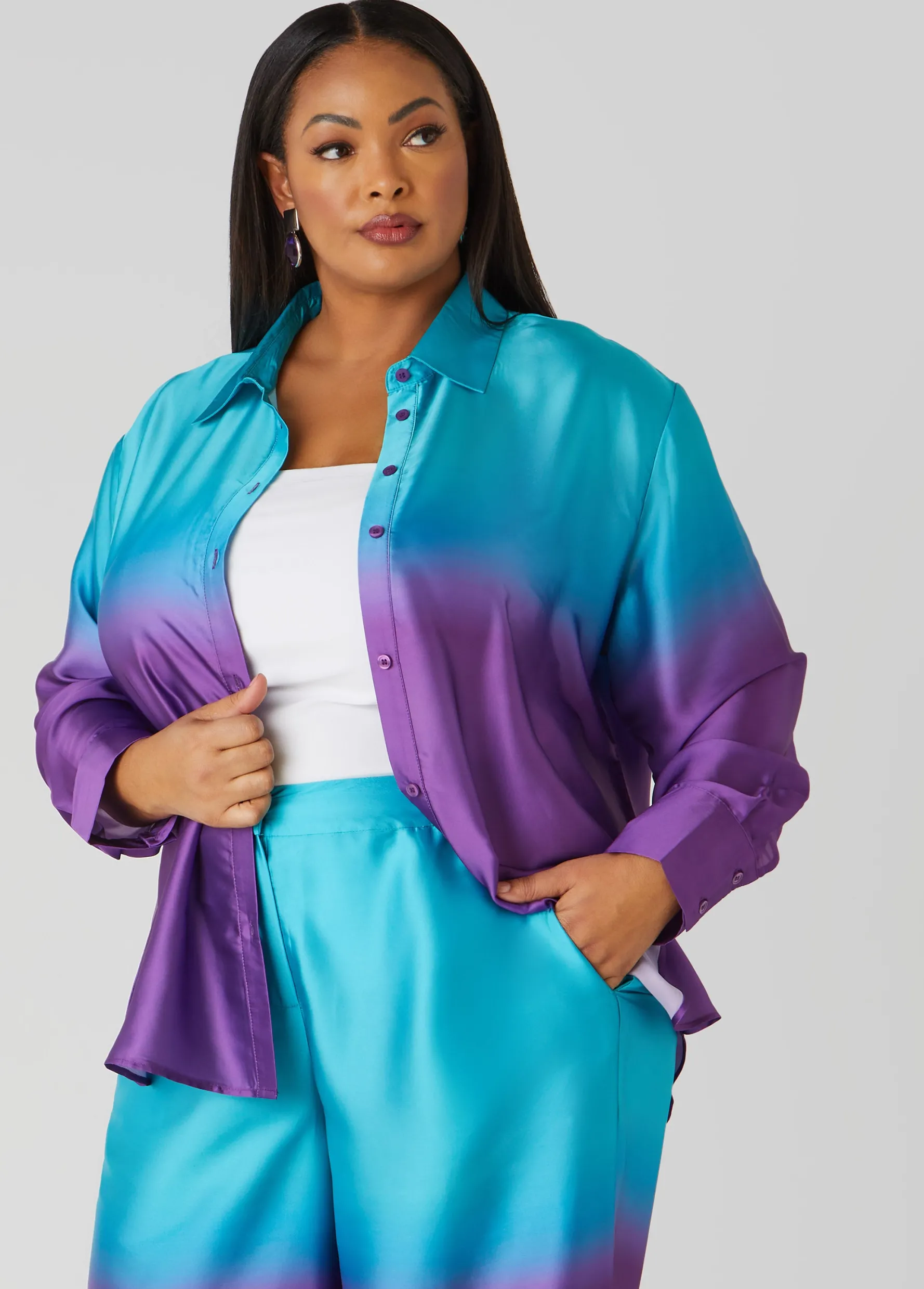 Fashion Ashley Stewart Ombre Satin Shirt Purple Magic