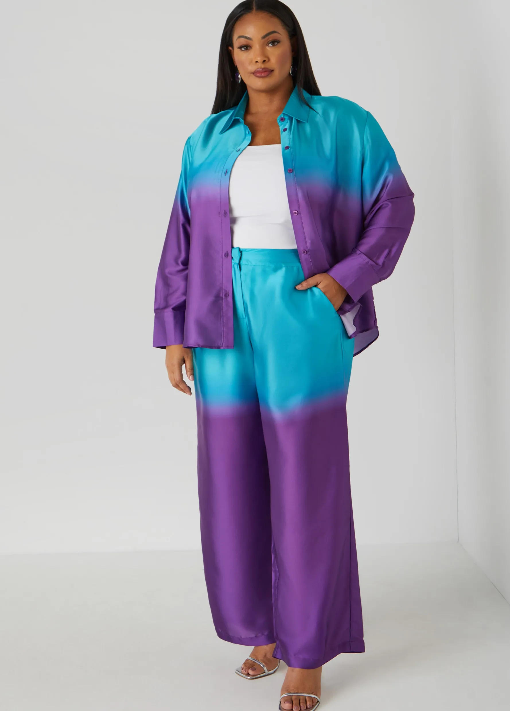 Fashion Ashley Stewart Ombre Satin Shirt Purple Magic