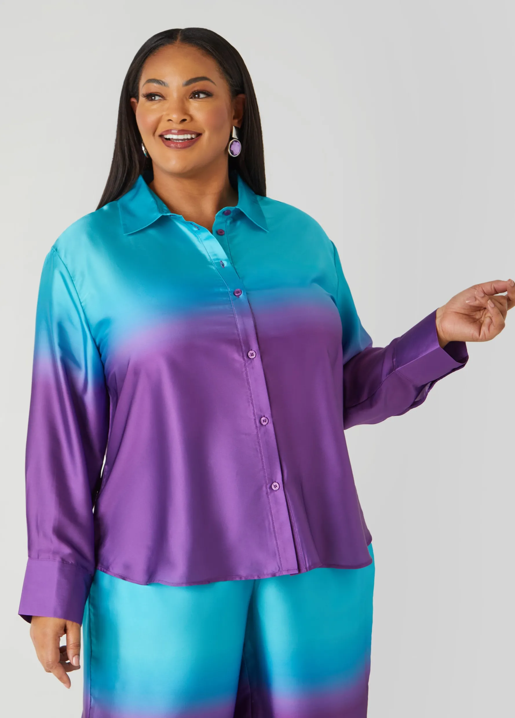 Fashion Ashley Stewart Ombre Satin Shirt Purple Magic