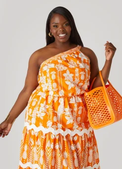 Sale Ashley Stewart One Shoulder Floral Top Orange