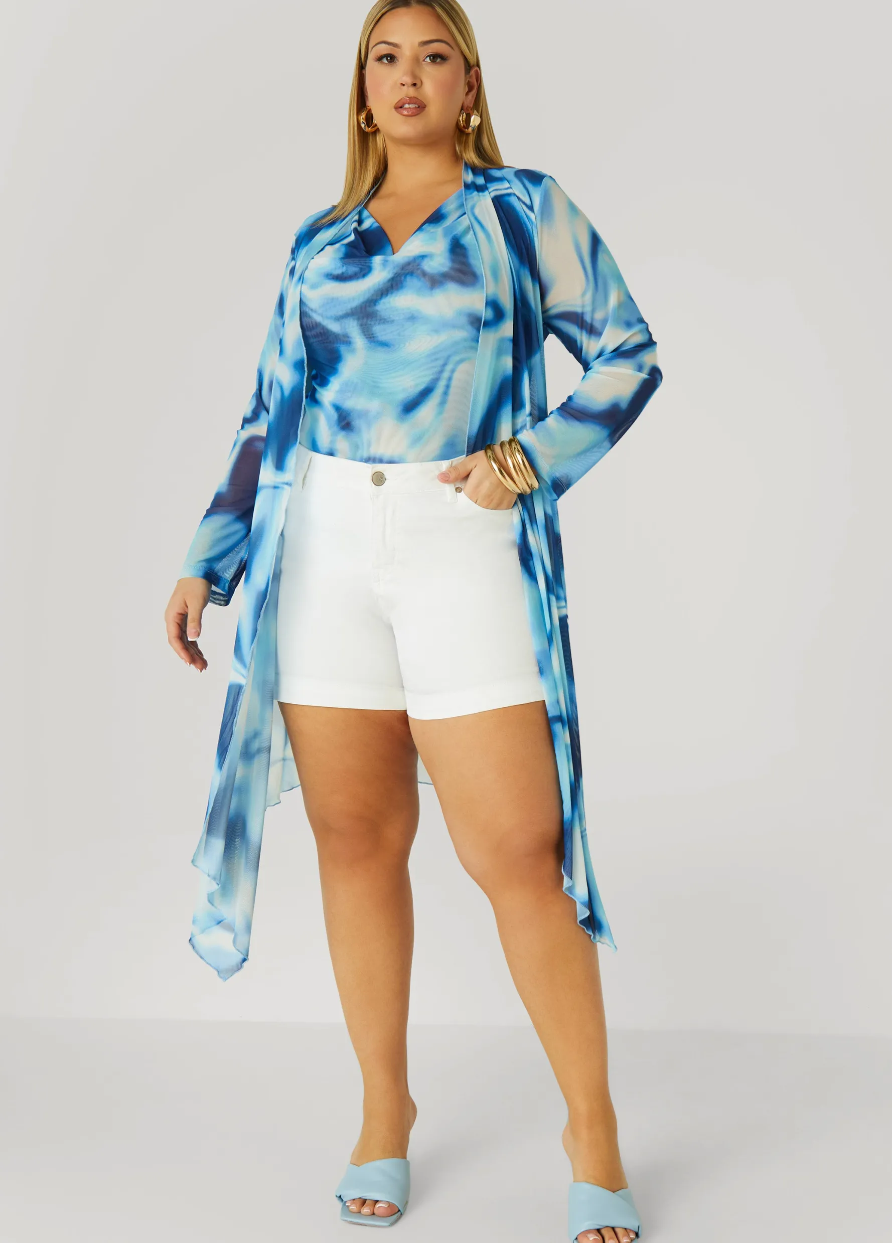 Fashion Ashley Stewart Open Front Watercolor Mesh Duster Multi