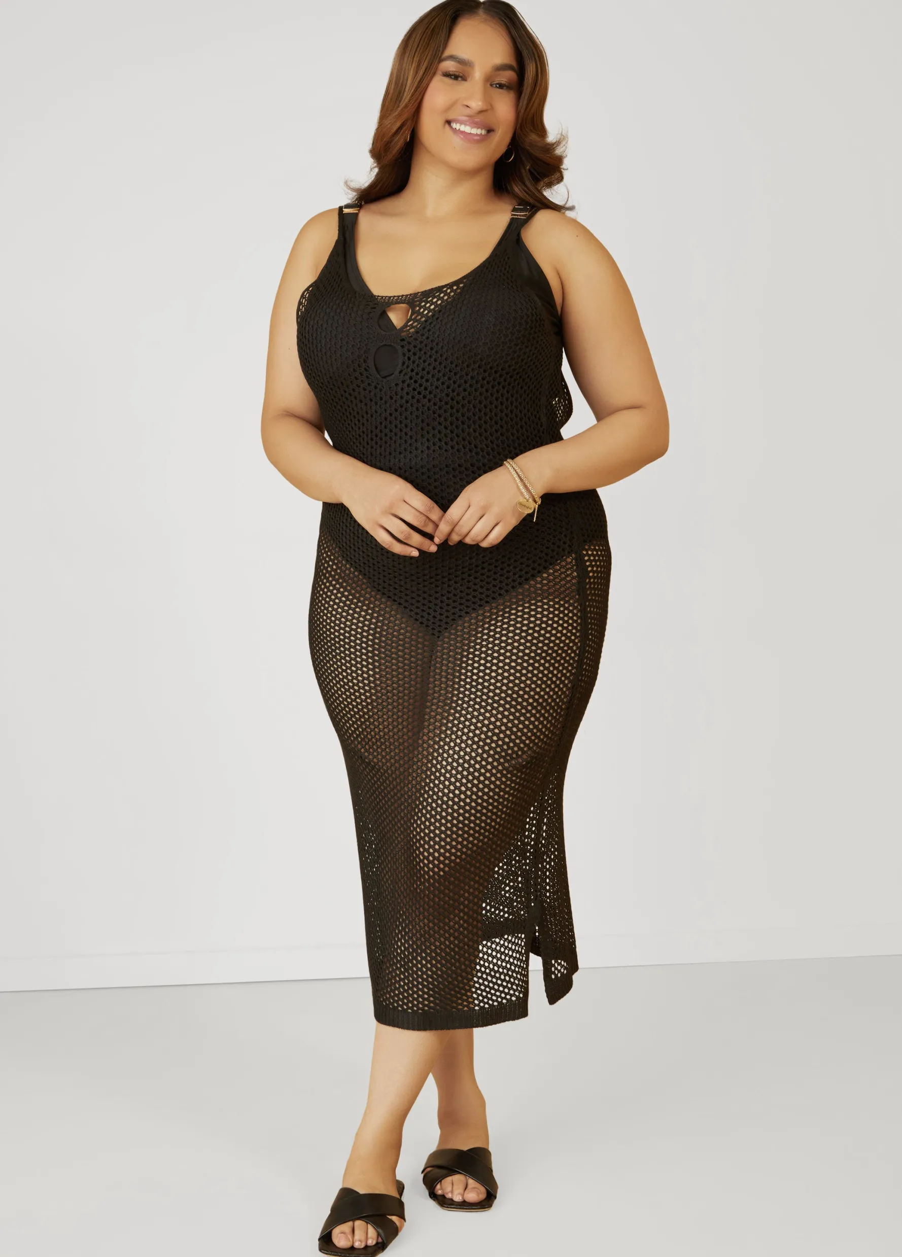 Best Ashley Stewart Open Knit Cover Up Dress Black