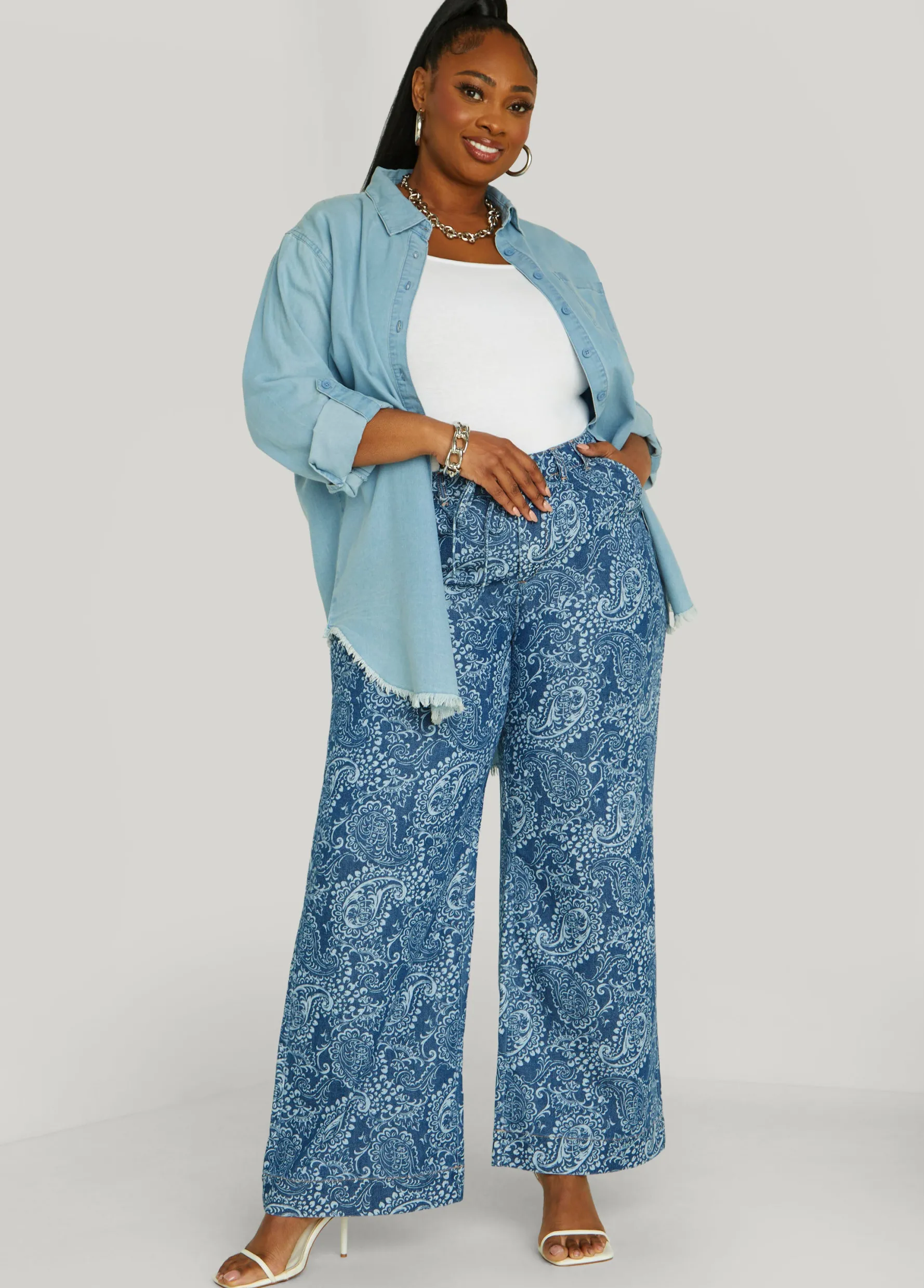 Sale Ashley Stewart Paisley Print Straight Leg Jeans Dk Rinse